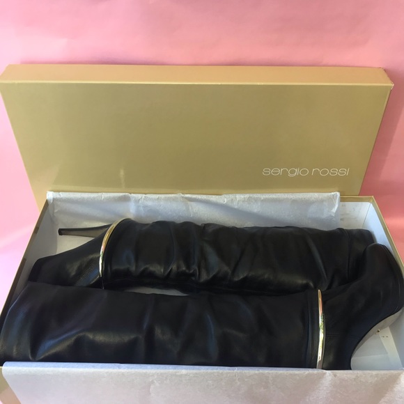 Black Sergio Rossi pull on leather boots in box